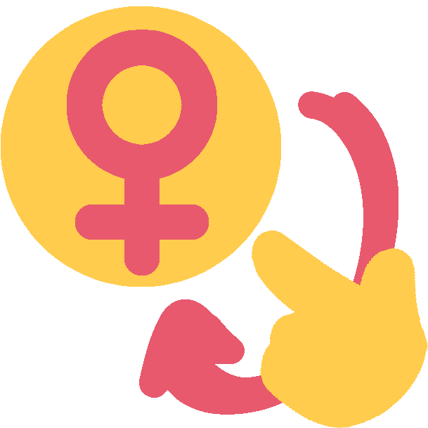 a simple icon of an emoji-yellow circular face with a pink female/venus symbol pointing to herself. behind the hand there is a pink arrow pointing at the face